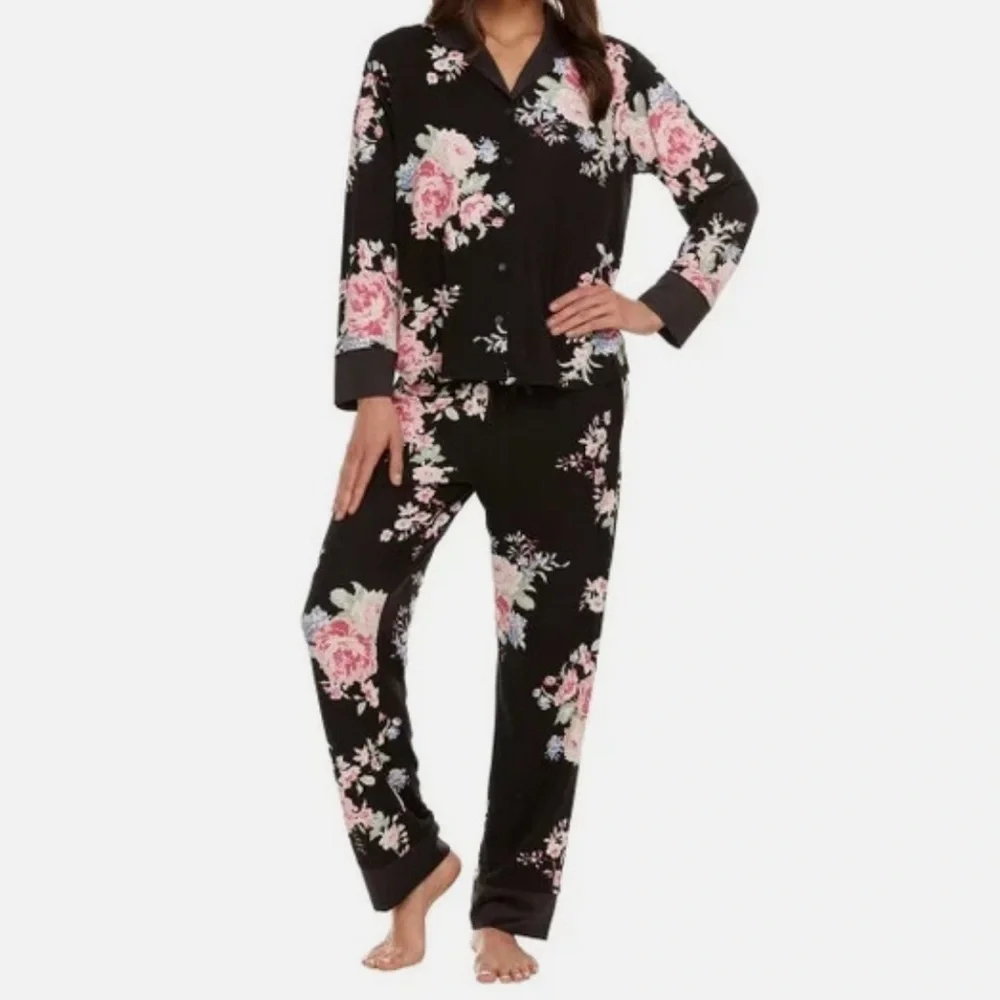 New 2 piece Flora Nikrooz Satin Trim Notch Collar PJ Set, Black floral butter